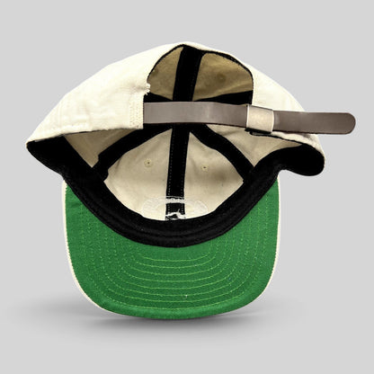 Raree Finds vintage Y2K Ojai Surf Club canvas hat interior showing green undervisor and brown leather strapback buckle