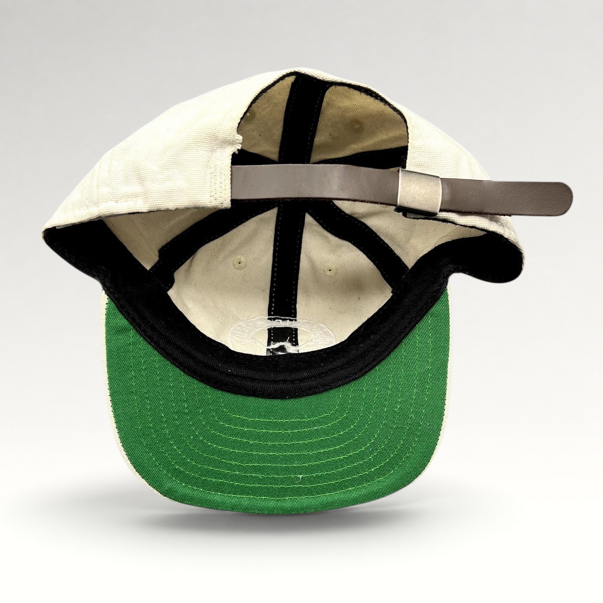 Raree Finds vintage Y2K Ojai Surf Club canvas hat interior showing green undervisor and brown leather strapback buckle