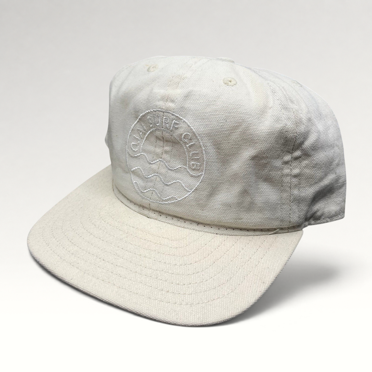 Raree Finds vintage Y2K Ojai Surf Club natural canvas strapback hat with tonal embroidered logo and flat brim