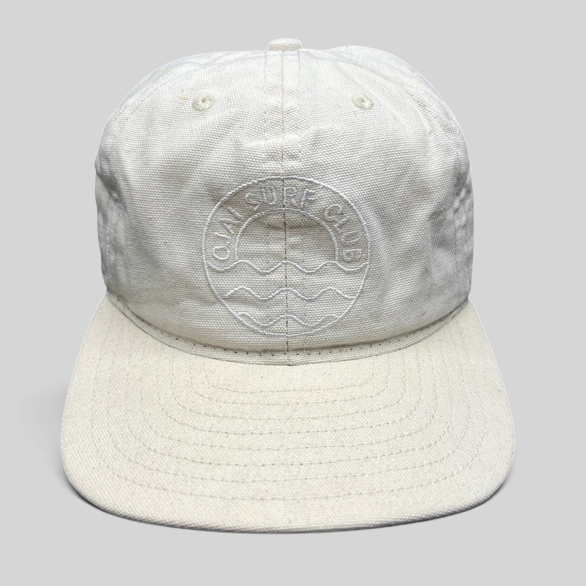 Raree Finds vintage Y2K Ojai Surf Club natural canvas strapback hat with tonal embroidered wave logo and flat brim.