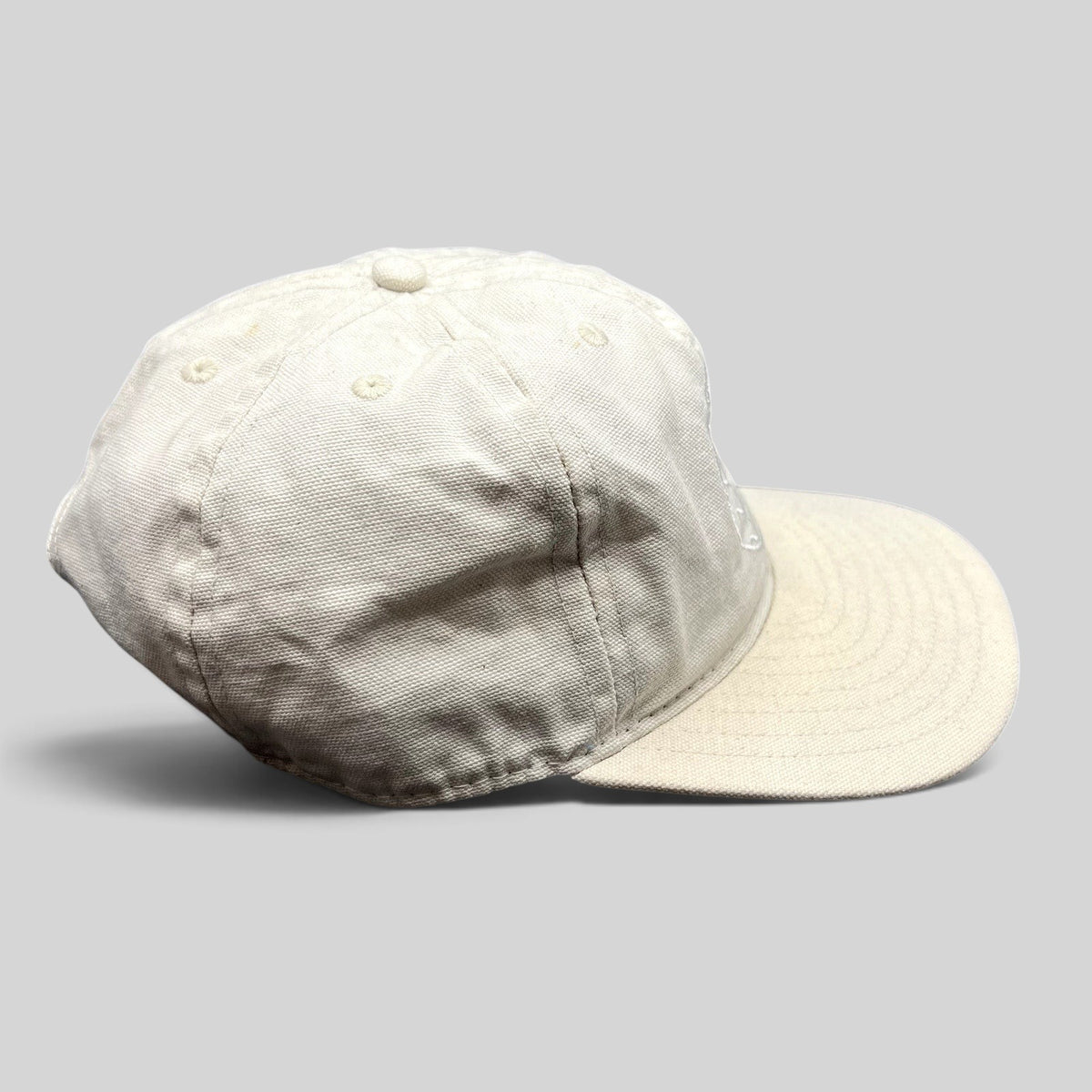 Raree Finds vintage Y2K Ojai Surf Club natural canvas strapback hat with a structured crown and flat brim profile.