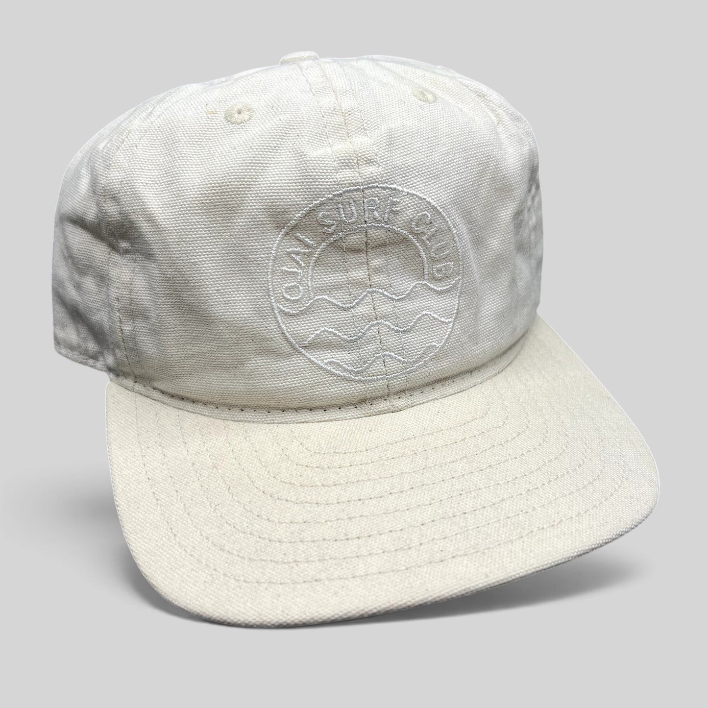 Raree Finds vintage Y2K Ojai Surf Club natural canvas strapback hat with tonal embroidered wave logo and flat brim