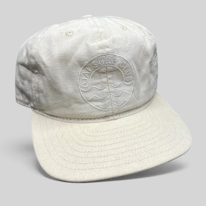 Raree Finds vintage Y2K Ojai Surf Club natural canvas strapback hat with tonal embroidered wave logo and flat brim