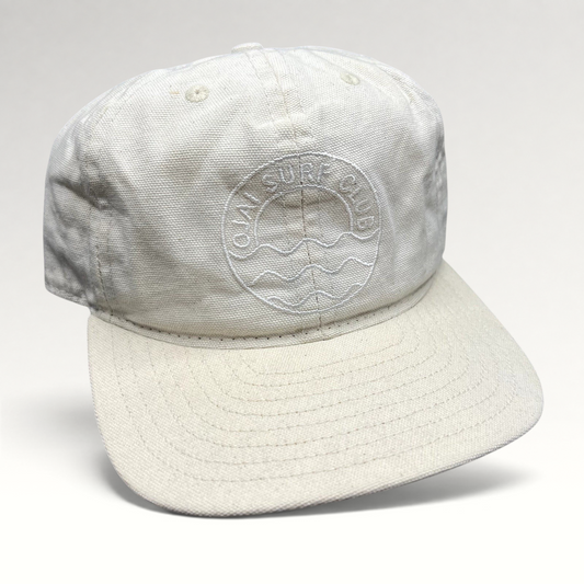 Raree Finds vintage Y2K Ojai Surf Club natural canvas strapback hat with tonal embroidered wave logo and flat brim
