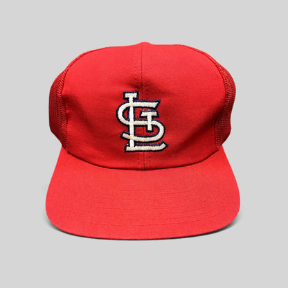 Raree Finds vintage St. Louis Cardinals red mesh snapback hat with embroidered STL logo and green undervisor