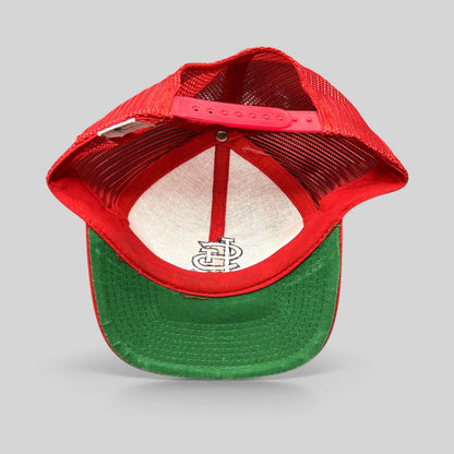 Raree Finds vintage St. Louis Cardinals red mesh snapback hat with green undervisor and adjustable strap