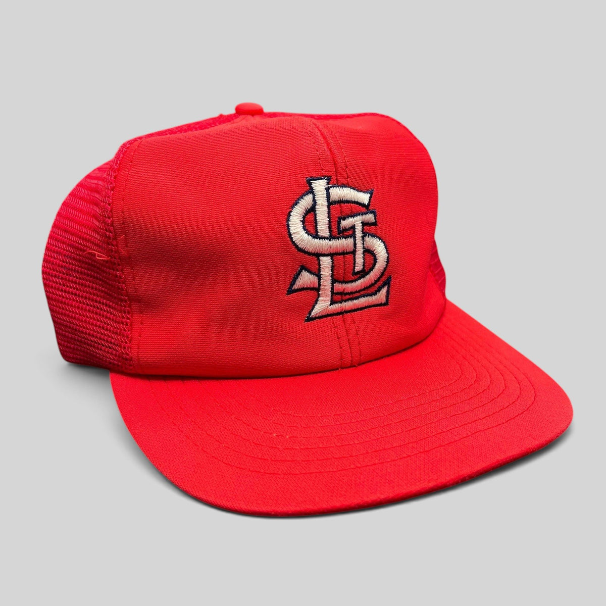 Raree Finds vintage St. Louis Cardinals red mesh snapback hat with white STL logo and green undervisor