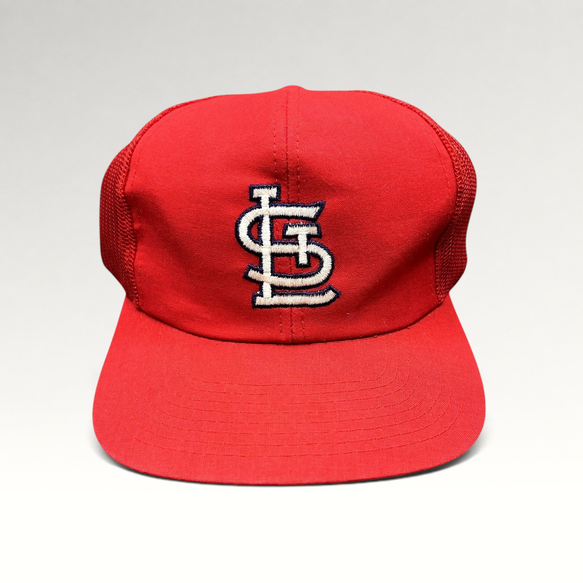 Raree Finds vintage red St. Louis Cardinals mesh snapback hat with embroidered STL logo and green undervisor