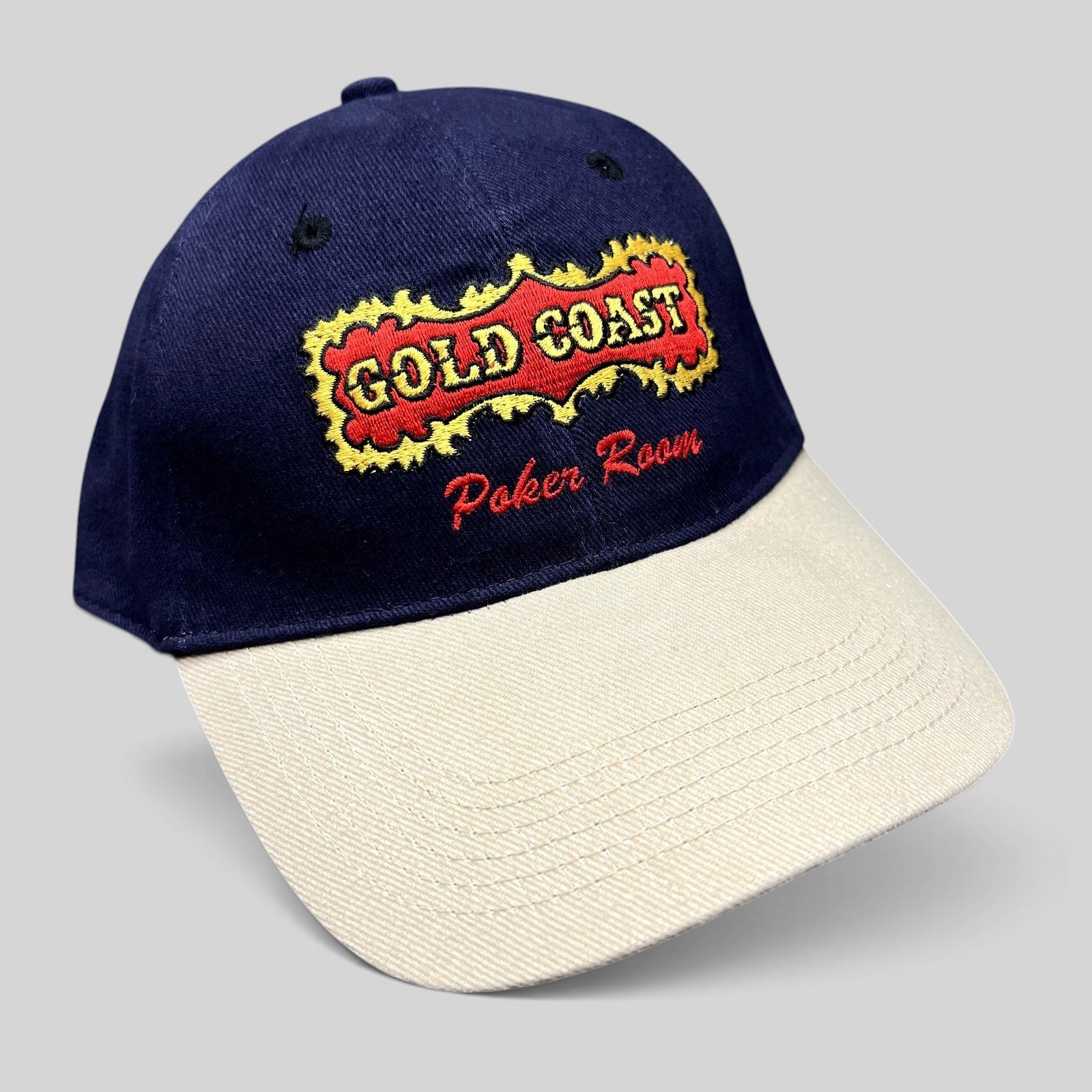 Raree Finds vintage 90s navy and tan cotton strapback hat with Gold Coast Casino Poker Room embroidery