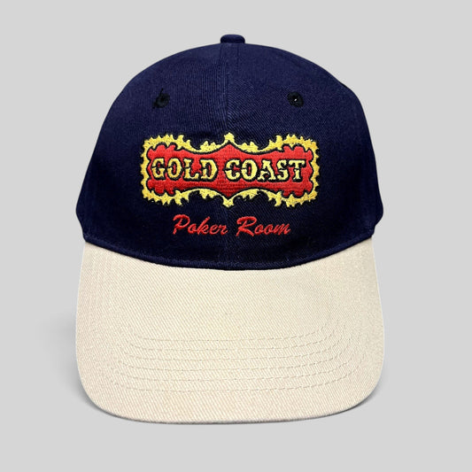 Raree Finds vintage 90s navy and tan cotton strapback hat with Gold Coast Casino Poker Room embroidered logo