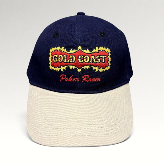 Raree Finds vintage 90s navy and tan cotton strapback hat with Gold Coast Casino Poker Room embroidered logo