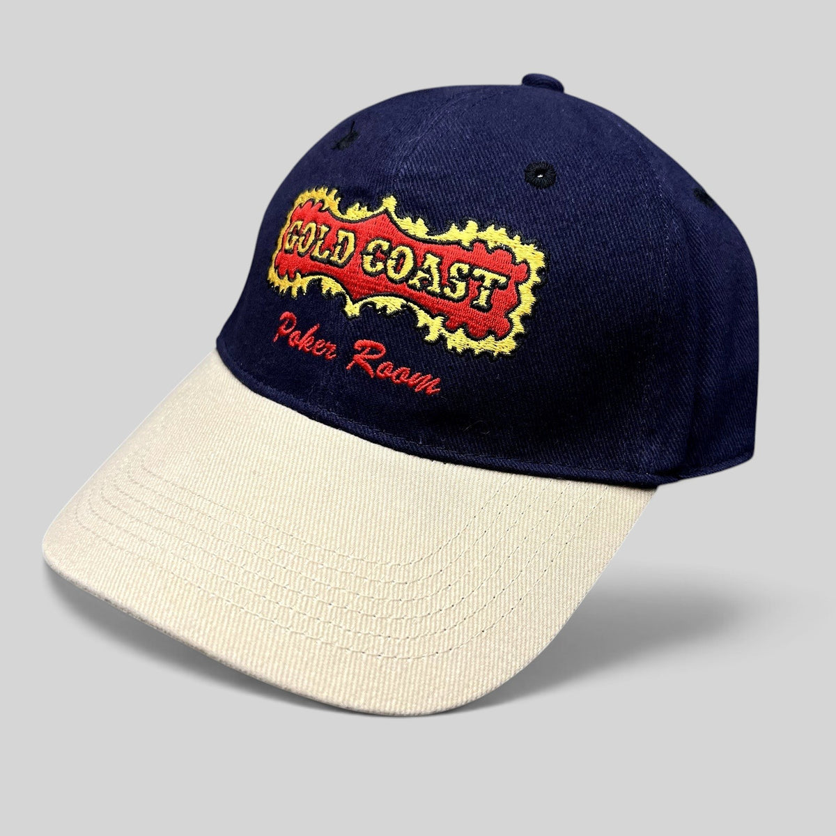 Raree Finds vintage 90s Gold Coast Casino Poker Room strapback hat with navy cotton crown and tan brim