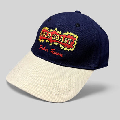Raree Finds vintage 90s Gold Coast Casino Poker Room strapback hat with navy cotton crown and tan brim