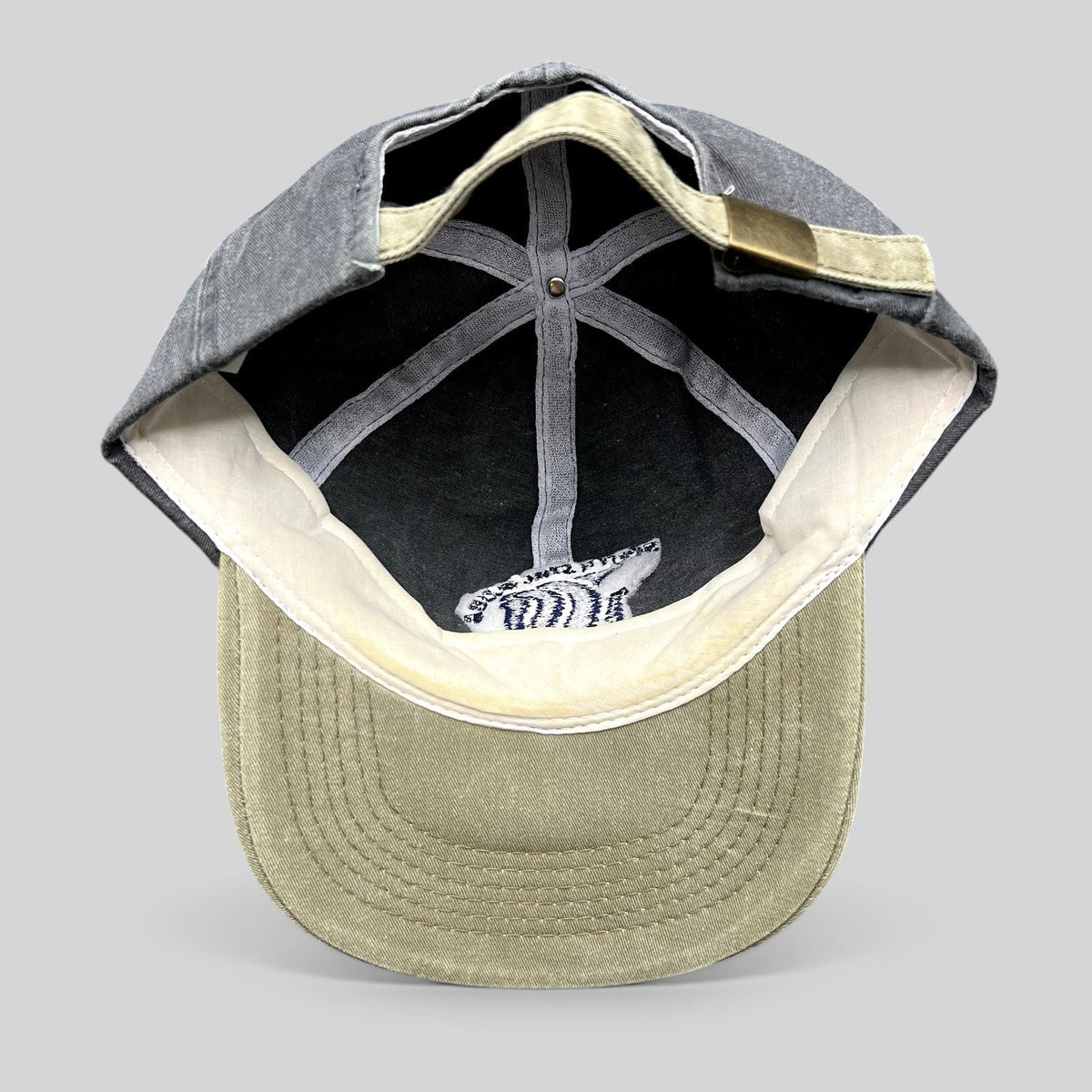 Raree Finds vintage Cobra Caps dad hat in washed charcoal and khaki with brass buckle strapback and interior detail