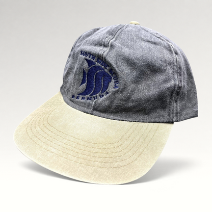 Raree Finds vintage Cobra Caps two-tone charcoal and khaki dad hat with South Side Scuba Bermuda fish embroidery