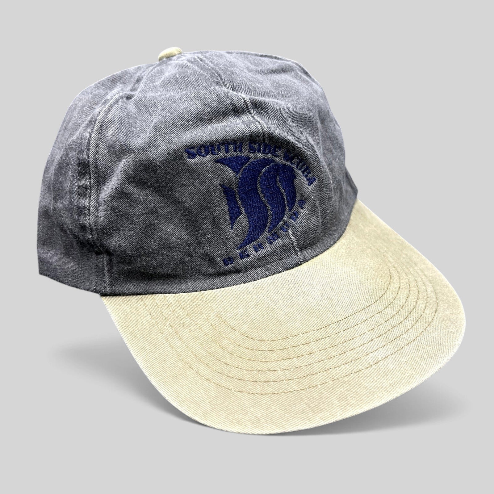 Raree Finds vintage Cobra Caps two-tone charcoal and khaki dad hat with South Side Scuba Bermuda fish embroidery.
