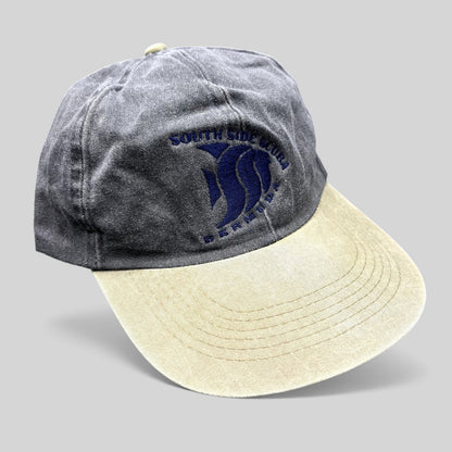 Raree Finds vintage Cobra Caps two-tone charcoal and khaki dad hat with South Side Scuba Bermuda fish embroidery.