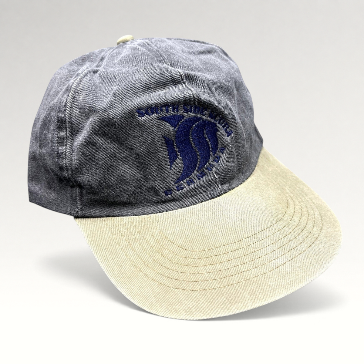 Raree Finds vintage Cobra Caps two-tone charcoal and khaki dad hat with South Side Scuba Bermuda fish embroidery.