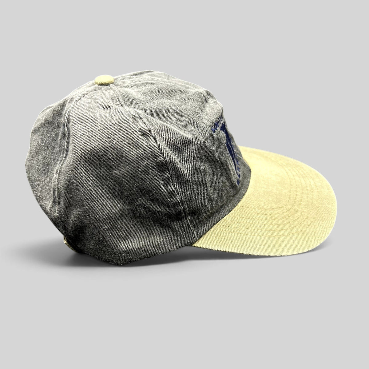 Raree Finds vintage Cobra Caps two-tone charcoal and khaki strapback hat with South Side Scuba Bermuda embroidery
