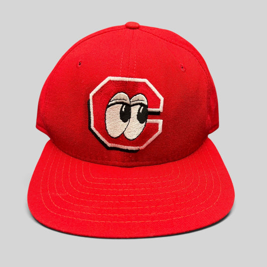 Raree Finds vintage red New Era Chattanooga Lookouts snapback hat featuring the iconic embroidered eyes in C logo.