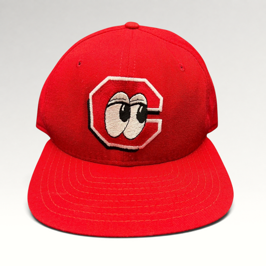 Raree Finds vintage red New Era Chattanooga Lookouts snapback hat featuring the iconic embroidered eyes in C logo.