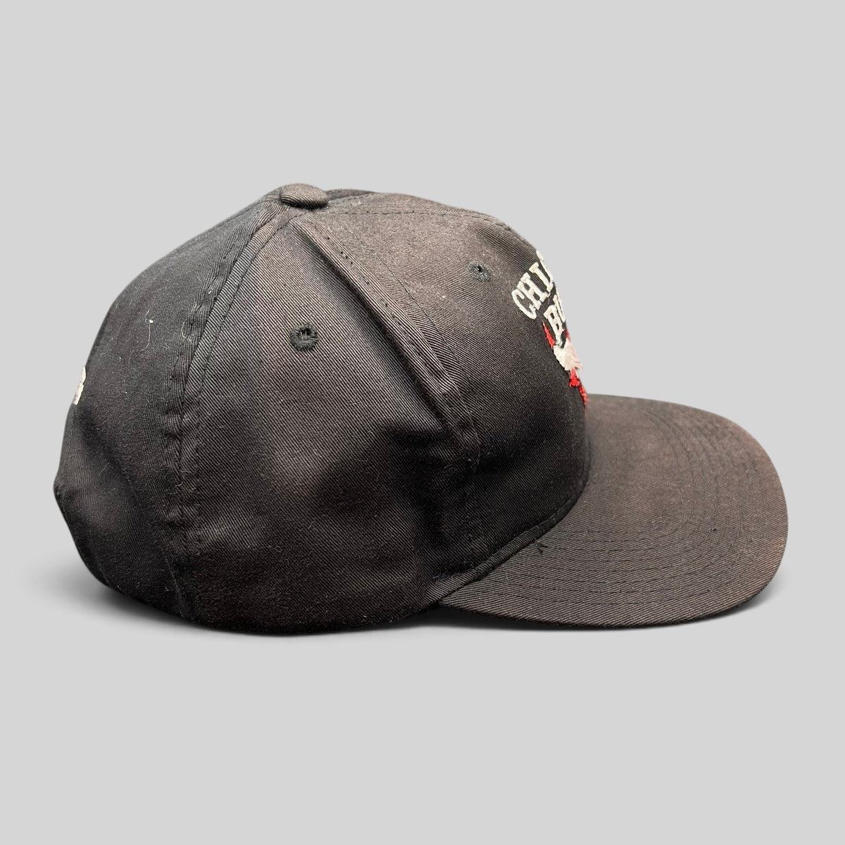 Raree Finds vintage 90s Chicago Bulls AJD snapback hat in black with red embroidered team logo and green undervisor