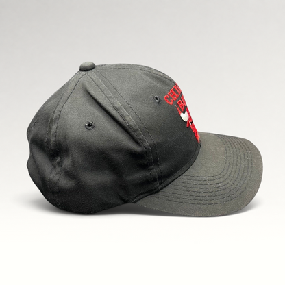 Raree Finds vintage 90s Chicago Bulls snapback hat in black with red embroidered logo and classic green under-visor