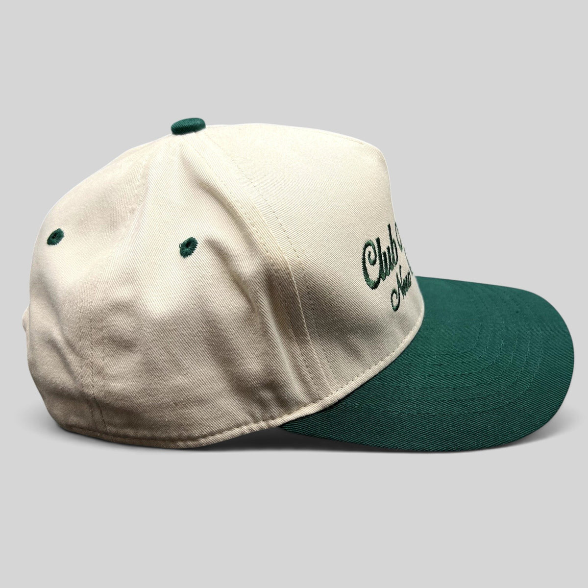 Raree Finds vintage Club Nicole New Orleans snapback hat in cream cotton with green embroidery and matching brim