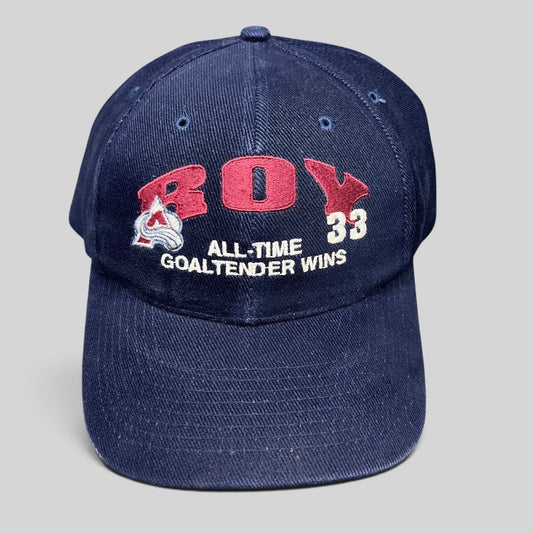 Raree Finds vintage 1990s navy blue Colorado Avalanche Patrick Roy 33 strapback hat with embroidered front detail