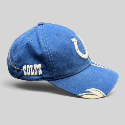 Raree Finds vintage Reebok Indianapolis Colts royal blue and white NFL strapback hat with embroidered team logos.