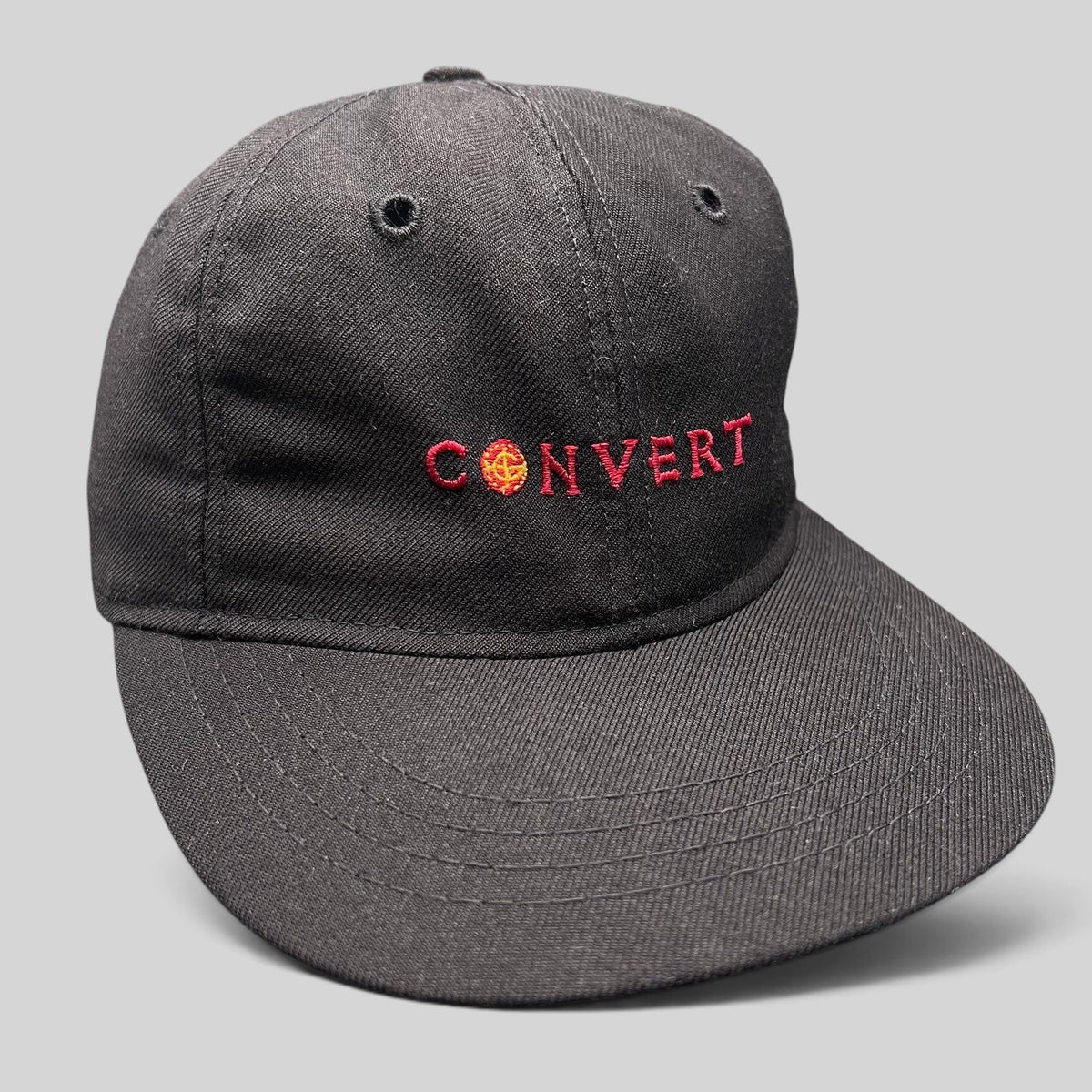 Raree Finds vintage black Columbia snapback hat with red embroidered CONVERT spellout and Jerusalem cross emblem