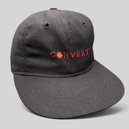 Raree Finds vintage black Columbia snapback hat with red embroidered CONVERT spellout and Jerusalem cross emblem
