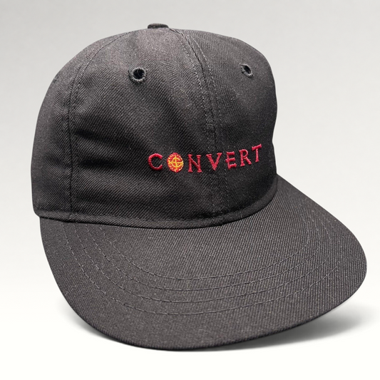 Raree Finds vintage black Columbia snapback hat with red embroidered CONVERT spellout and Jerusalem cross emblem