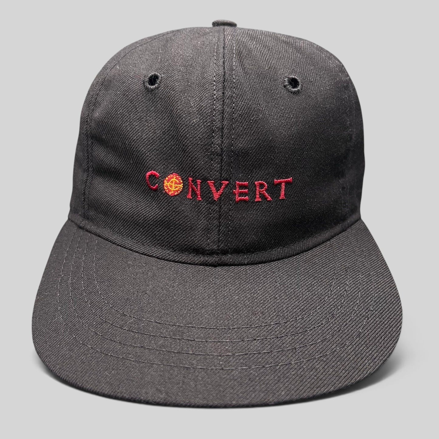 Raree Finds vintage black Columbia snapback hat with red embroidered CONVERT text and Jerusalem cross emblem