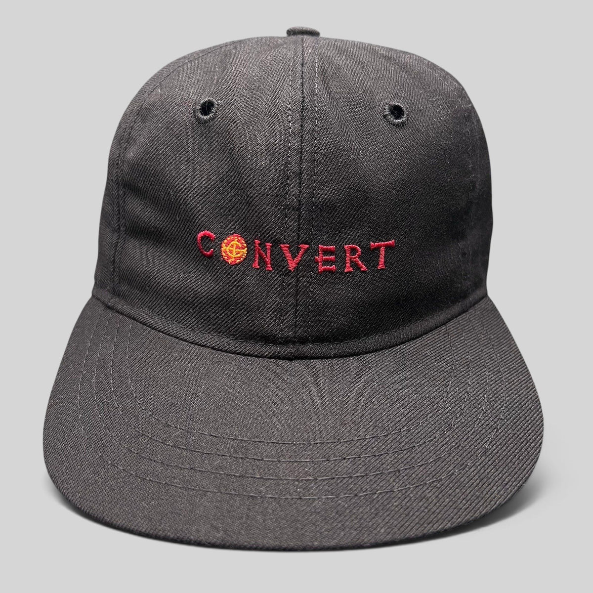 Raree Finds vintage black Columbia snapback hat with red embroidered CONVERT text and Jerusalem cross emblem