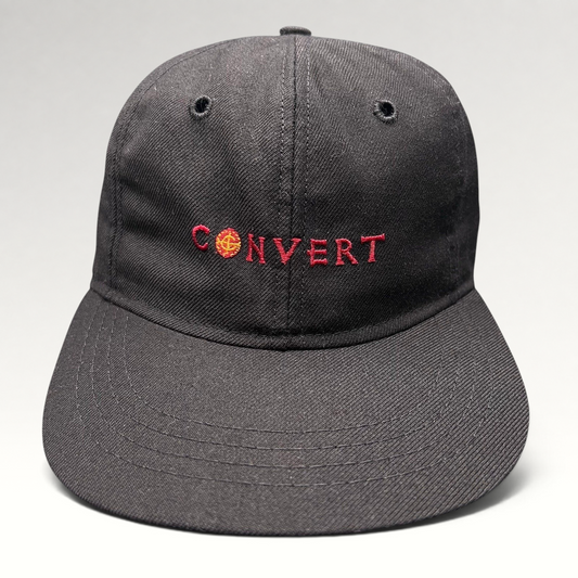 Raree Finds vintage black Columbia snapback hat with red embroidered CONVERT text and Jerusalem cross emblem