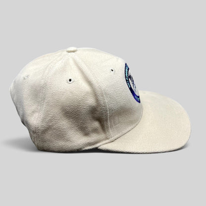 Raree Finds vintage cream cotton strapback hat with purple and teal bulldog mascot embroidery and curved brim