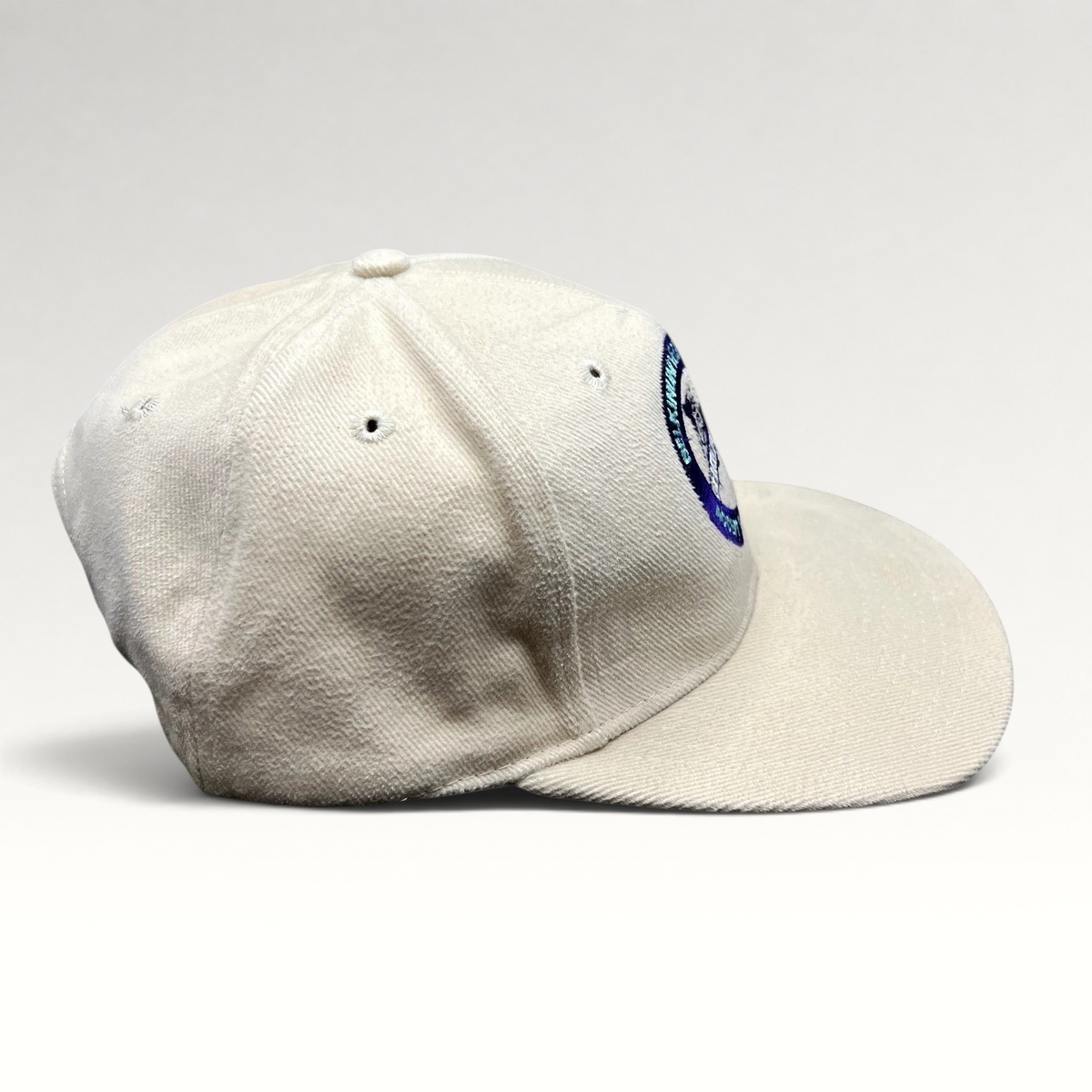 Raree Finds vintage cream cotton strapback hat with purple and teal bulldog mascot embroidery and curved brim
