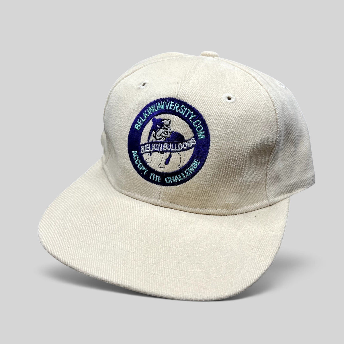Raree Finds vintage cream Belkin Bulldogs strapback hat with purple and teal embroidered mascot logo and slogan