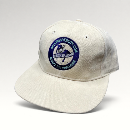 Raree Finds vintage cream Belkin Bulldogs strapback hat with purple and teal embroidered mascot logo and slogan