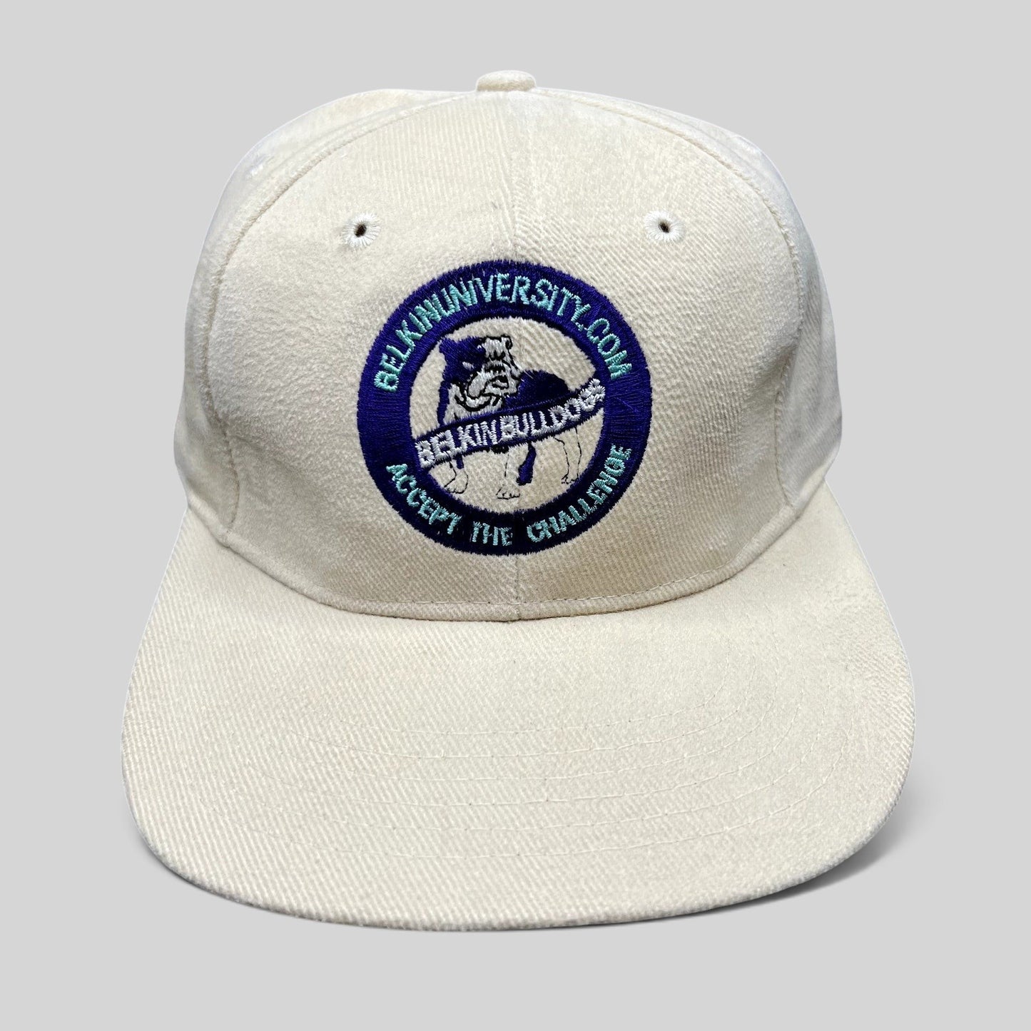 Raree Finds vintage cream cotton strapback hat with embroidered Belkin University Bulldogs mascot logo and slogan