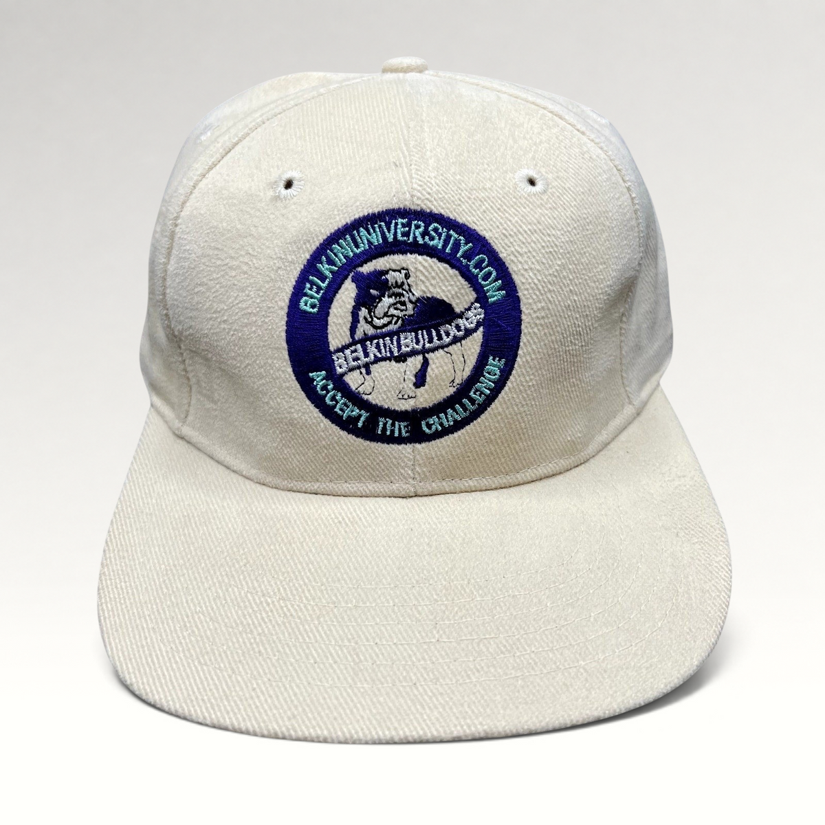 Raree Finds vintage cream cotton strapback hat with embroidered Belkin University Bulldogs mascot logo and slogan