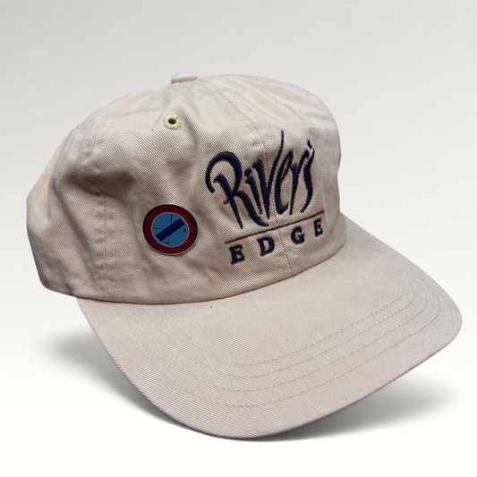 Raree Finds vintage cream Imperial golf strapback hat with Rivers Edge embroidered script and metal pin detail