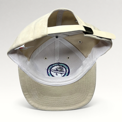 Raree Finds vintage cream cotton strapback hat by Headmost showing the interior construction and metal clasp