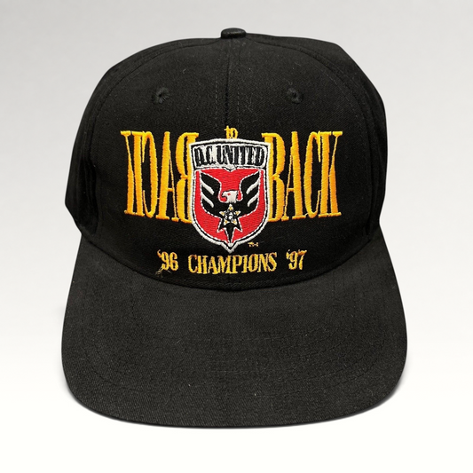 Raree Finds vintage black DC United snapback hat with embroidered 1996-1997 back-to-back MLS champions graphic