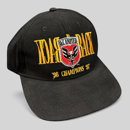 Raree Finds vintage black DC United snapback hat with embroidered 1996-1997 back-to-back MLS champions graphic