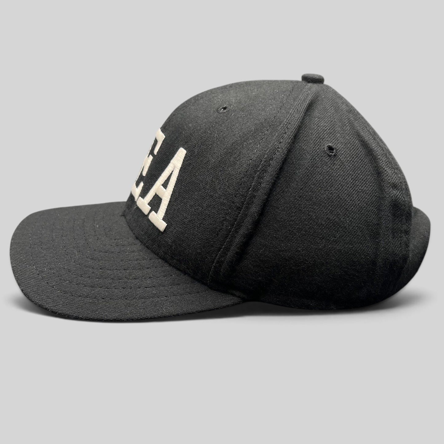 Raree Finds vintage black New Era DEA strapback hat with white raised embroidery, made in USA.