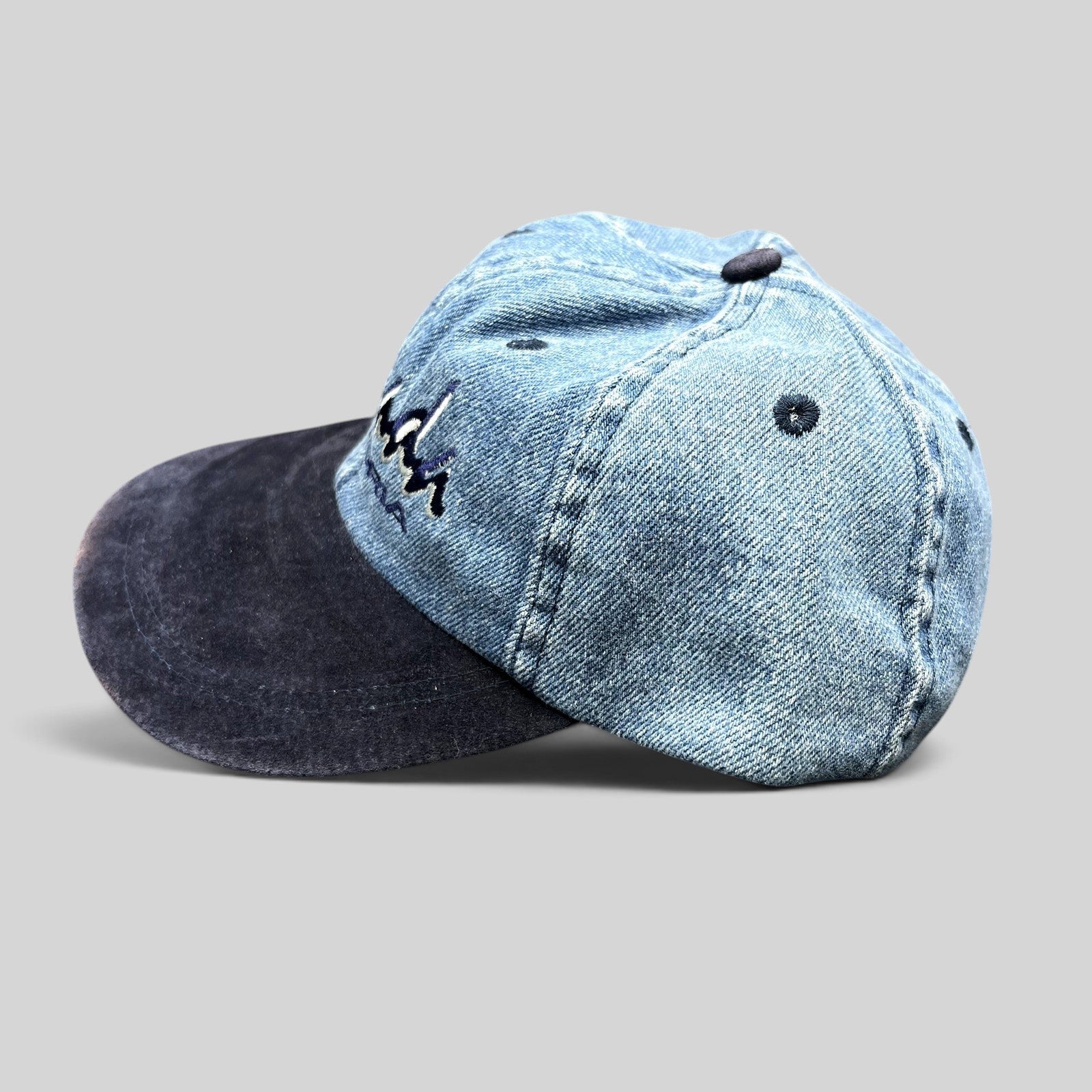 Raree Finds vintage Canada Victoria snapback hat with light wash denim crown and dark navy suede-style brim