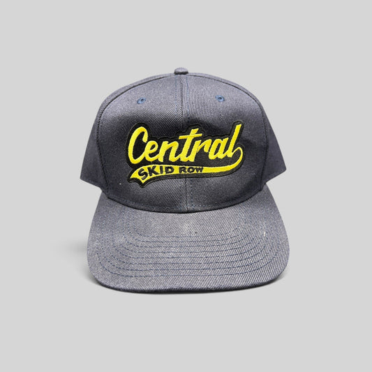 Raree Finds vintage 1990s navy blue denim OTTO cap with yellow Central Skid Row script embroidery