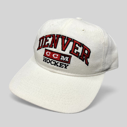 Raree Finds vintage white cotton Denver Hockey snapback hat with red and black embroidered CCM logo